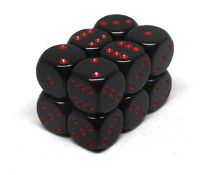 Kocka Set (12) D6/16mm, nepriehľadná čierna/červené bodky