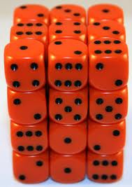 Kocka Set (36) D6/12mm, nepriesvitná oranžová/čiene bodky
