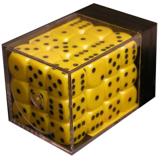 Kocka Set (36) D6/12mm, nepriesvitná žltá/čiene bodky